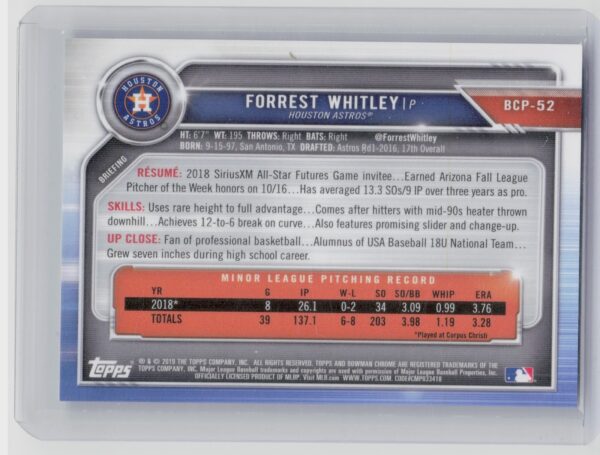 2019 Bowman Forrest Whitley SN99 #BCP-52 Astros Mojo Refractors Green - Image 3