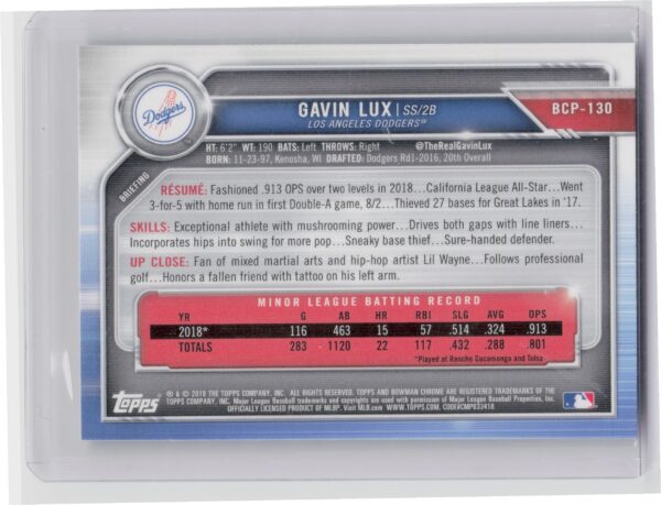 2019 Bowman Gavin Lux #BCP-130 Dodgers Chrome Prospects Mojo Refractors - Image 3