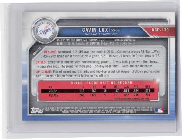 2019 Bowman Gavin Lux #BCP-130 Dodgers Chrome Prospects Mojo Refractors - Image 3