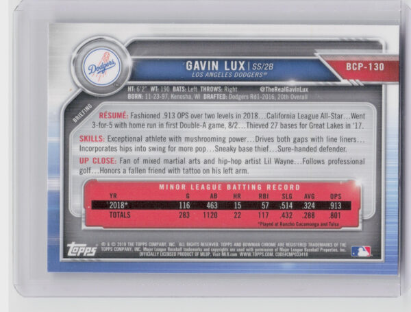 2019 Bowman Gavin Lux #BCP-130 Dodgers Chrome Prospects Mojo Refractors - Image 3