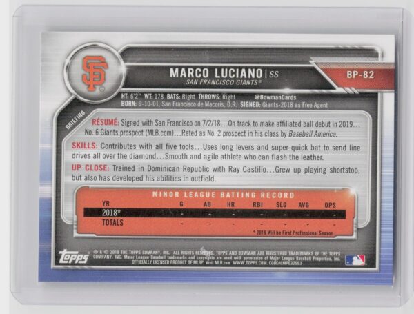 2019 Bowman Marco Luciano #BCP-82 Giants Chrome Prospects - Image 3