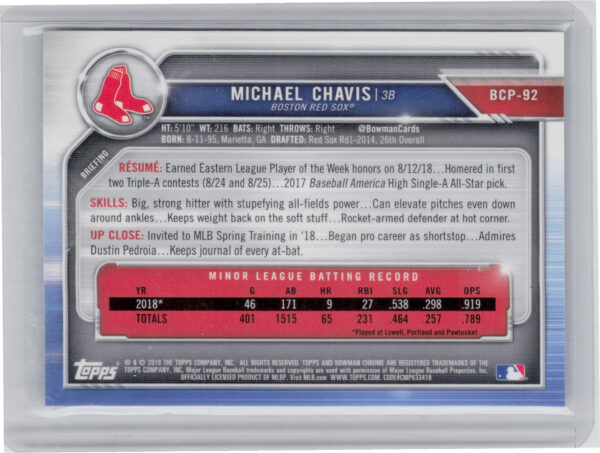 2019 Bowman Michael Chavis SN99 #BCP-92 Sox Chrome Prospects Mojo Refractors - Image 3