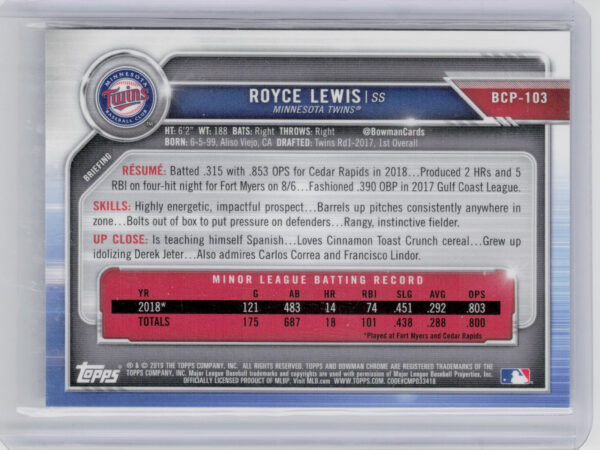 2019 Bowman Royce Lewis SN250 #BCP-103 Twins Chrome Prospects Mojo Refractors Pu - Image 3