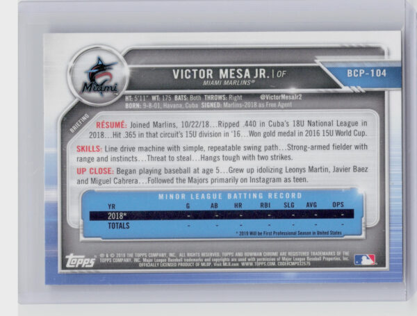 2019 Bowman Victor Mesa Jr. #BCP-104 Marlins Chrome Prospects - Image 3