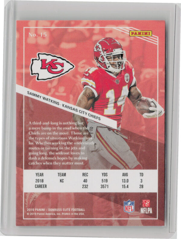 2019 Donruss Elite Sammy Watkins Red SN299 #15 Chiefs - Image 3