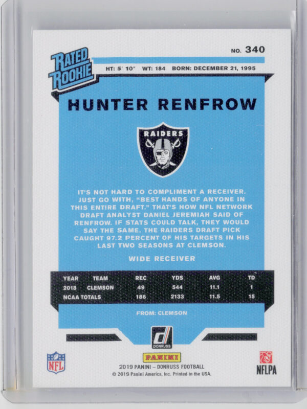 2019 Donruss Hunter Renfrow #340 Raiders Rated Rookies Canvas - Image 3