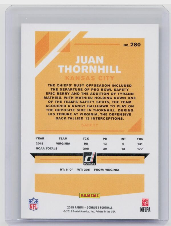 2019 Donruss Juan Thornhill Press Proof Gold /50 #280 Chiefs - Image 3