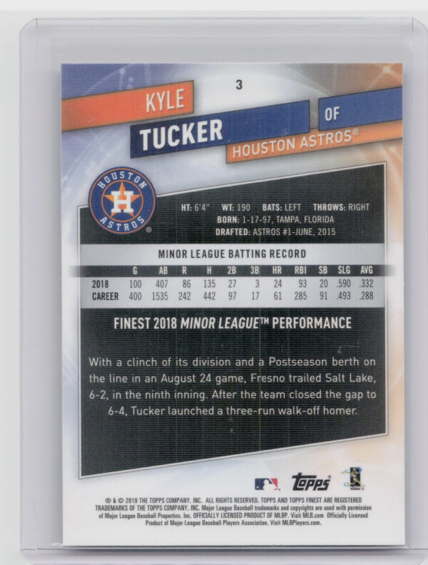 2019 Finest Kyle Tucker RC #3 Astros - Image 3