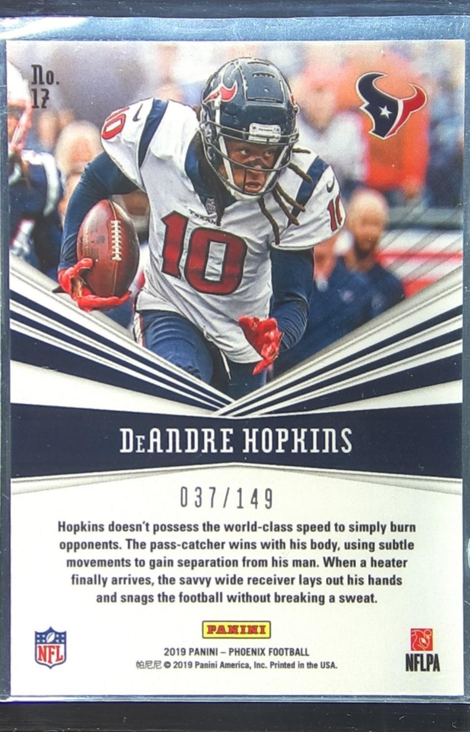 2019 Panini Phoenix DeAndre Hopkins /149 #17 Texans Catching Fire Purple - Image 3
