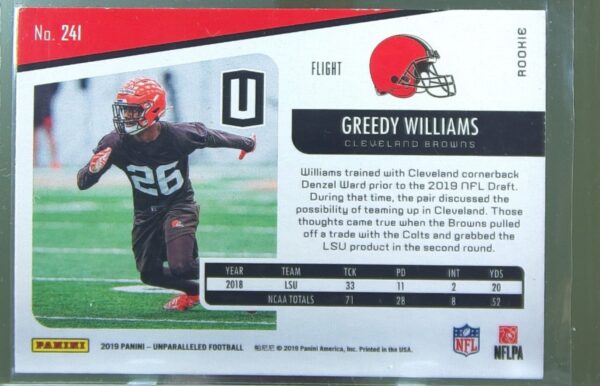 2019 Panini Unparalleled Greedy Williams Flight RC #241 Browns - Image 3