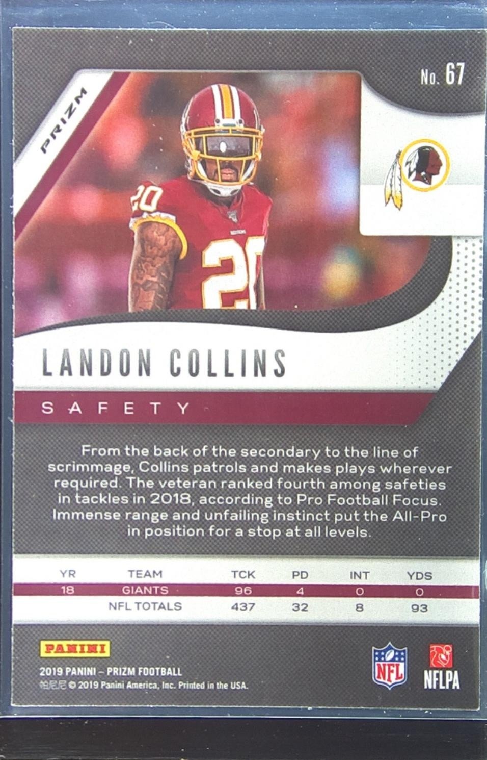 2019 Prizm Landon Collins Prizm #67 Redskins - Image 3