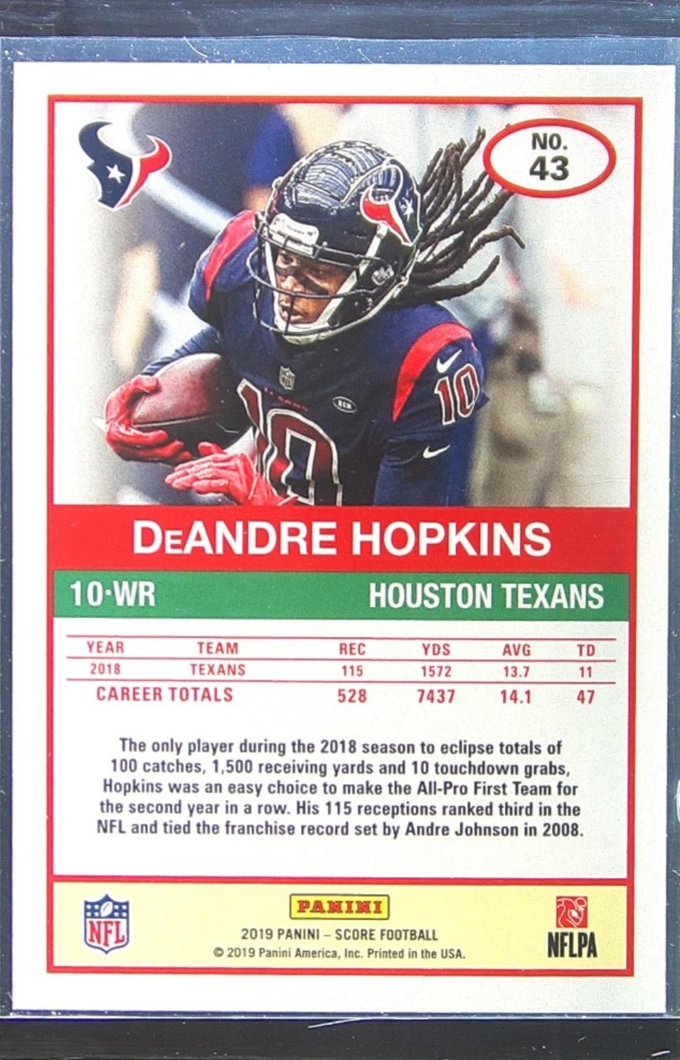 2019 Score DeAndre Hopkins Scorecard #43 Texans - Image 3
