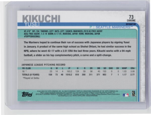 2019 Topps Chrome Yusei Kikuchi Pink Refractor #73 Mariners - Image 3