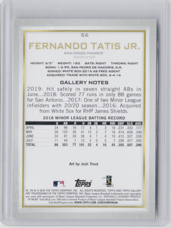 2019 Topps Gallery Fernando Tatis Jr. RC #56 Padres - Image 3