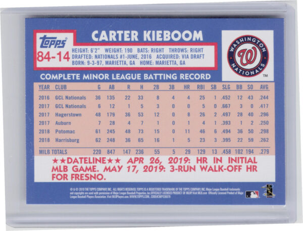 2019 Topps Update Carter Kieboom #84-14 Nationals 1984 Topps Baseball - Image 3