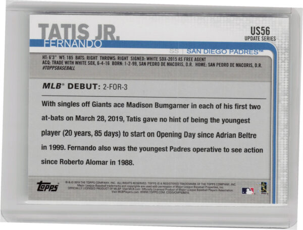 2019 Topps Update Fernando Tatis Jr. #US56 Padres - Image 3