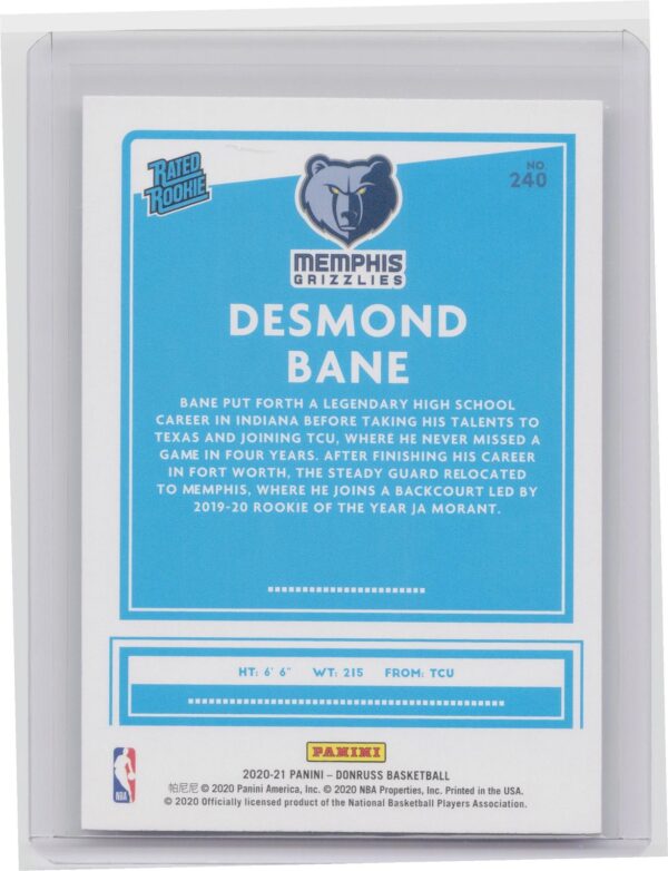 2020-21 Donruss Desmond Bane Rated Rookie RC #240 Grizzlies - Image 3