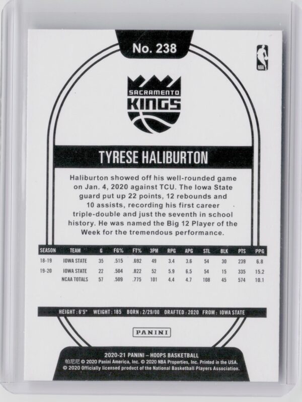 2020-21 Hoops Tyrese Haliburton RC #238 Kings - Image 3