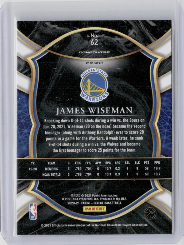 2020-21 Panini Select James Wiseman Tri Color Prizms #62 Warriors - Image 3