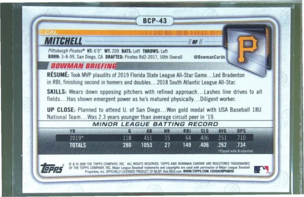 2020 Bowman Cal Mitchell /250 #BCP-43 Pirates Chrome Prospects Purple Refractor - Image 3