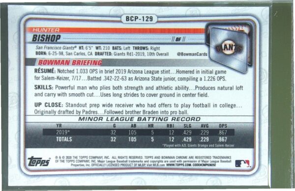 2020 Bowman Hunter Bishop /125 #BCP-129 Chrome Prospects Aqua Shimmer Refractor - Image 3