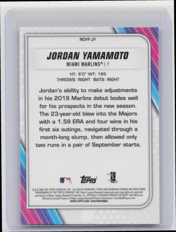 2020 Bowman Jordan Yamamoto #ROYF-JY Marlins Chrome ROYF Mojo Refractor - Image 3