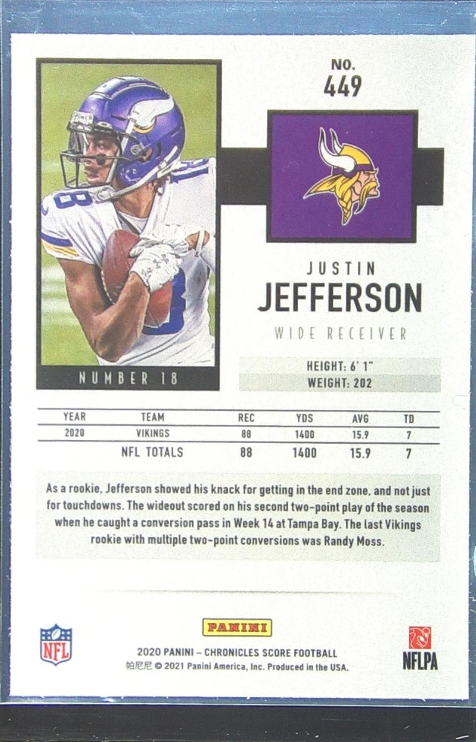 2020 Chronicles Justin Jefferson RC #449 Vikings 2020 Score Update Rookies - Image 3