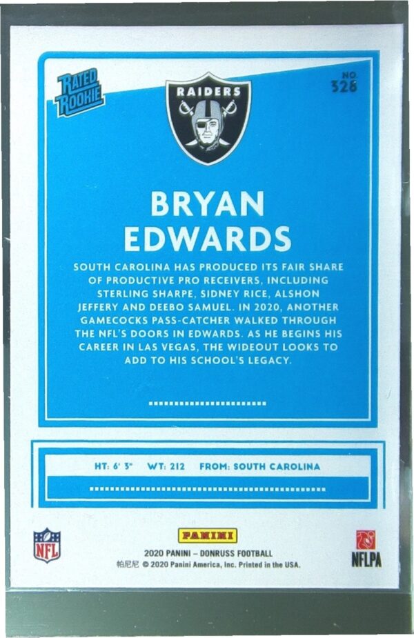 2020 Donruss Bryan Edwards RC #328 Raiders - Image 3