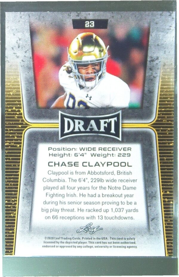 2020 Leaf Draft Chase Claypool RC #23 Irish - Image 3