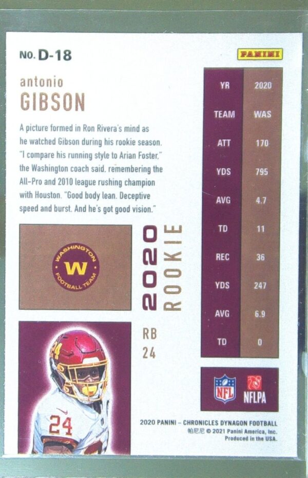 2020 Panini Chronicles Antonio Gibson RC #D-18 Team Dynagon Rookies - Image 3