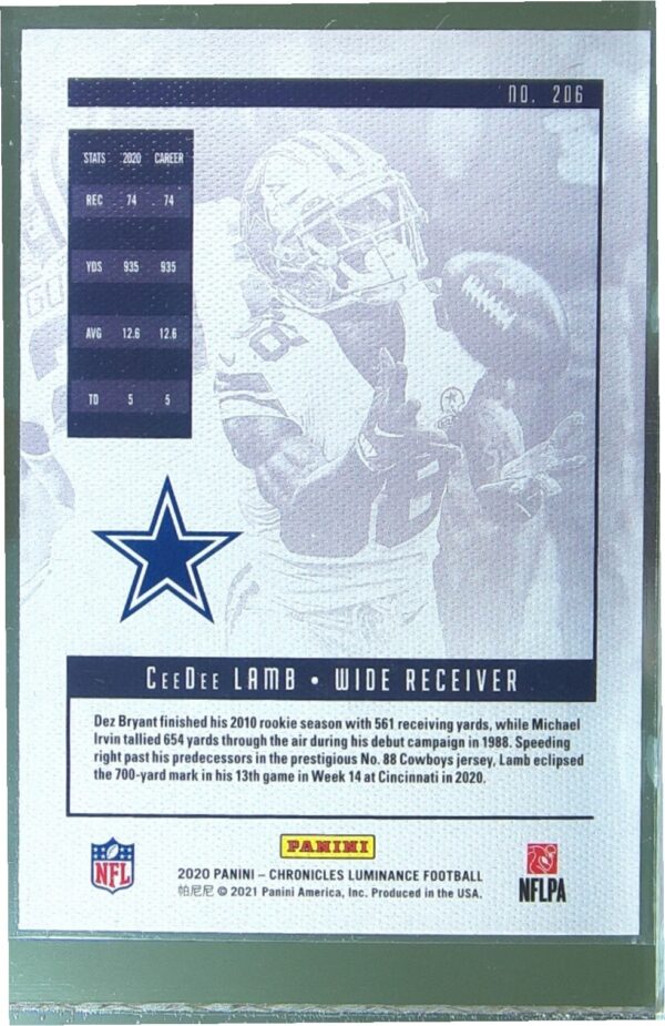 2020 Panini Chronicles CeeDee Lamb RC #206 Cowboys Luminance Update Rookies - Image 3