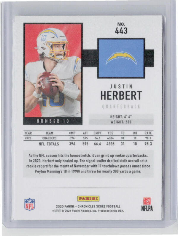 2020 Panini Chronicles Justin Herbert #443 Chargers 2020 Score Update Rookies - Image 3