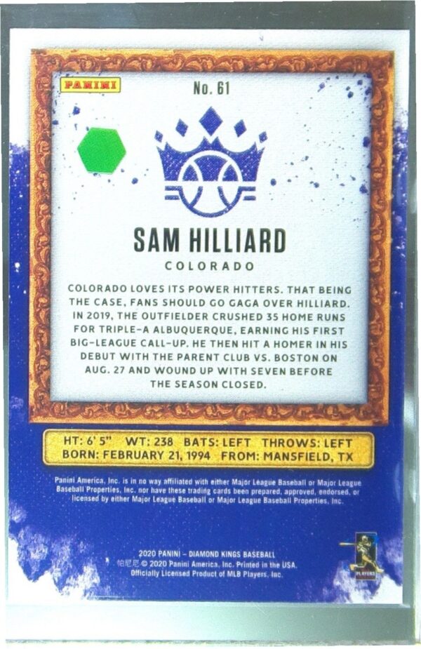 2020 Panini Diamond Kings Sam Hilliard Artist's Proof Gold /49 RC #61 Rockies - Image 3