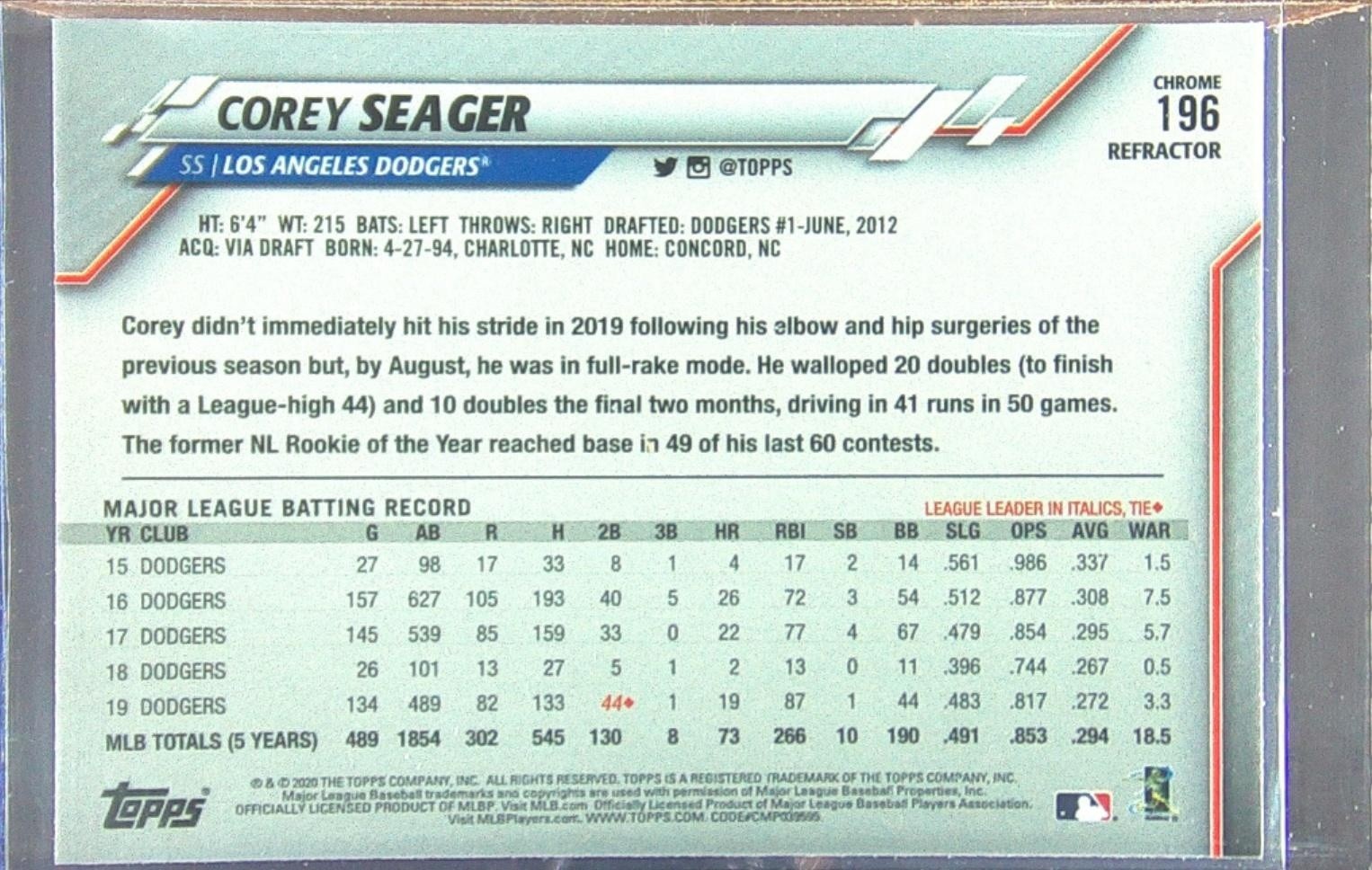 2020 Topps Chrome Corey Seager Pink Refractor #196 Dodgers - Image 3