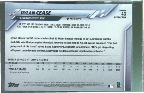2020 Topps Chrome Dylan Cease Pink Refractor RC #43 Sox - Image 3