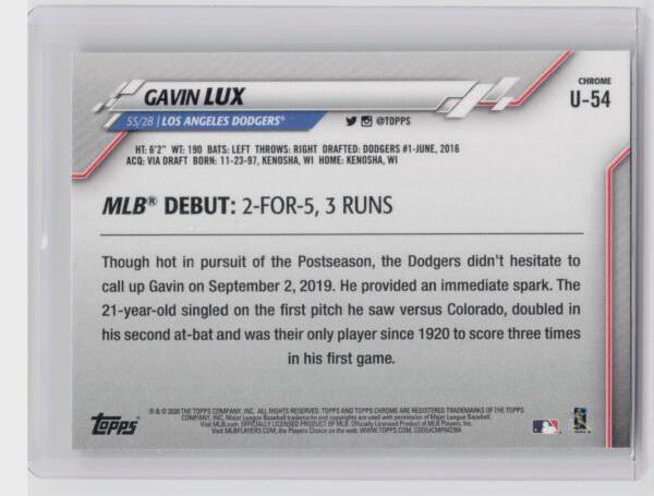 2020 Topps Chrome Update Gavin Lux #U-54 Dodgers - Image 3