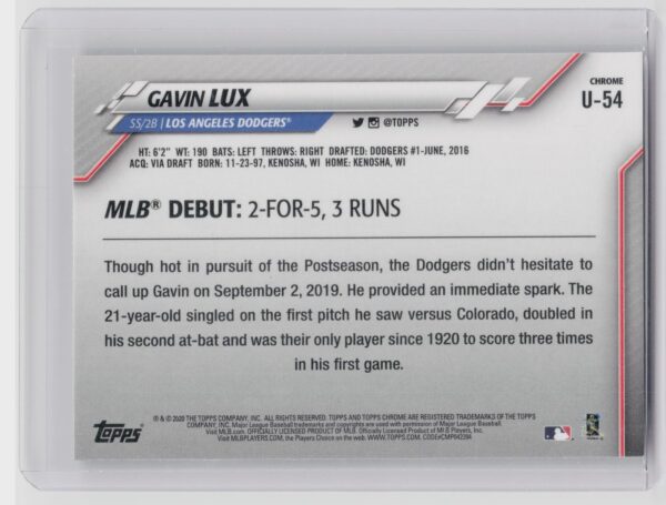 2020 Topps Chrome Update Gavin Lux #U-54 Dodgers - Image 3