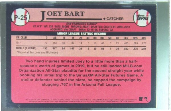 2020 Topps Update Joey Bart #P-25 Giants Prospects 1989 Topps Design - Image 3