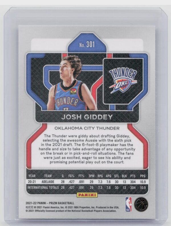 2021-22 Panini Prizm Josh Giddey RC #301 Thunder - Image 3