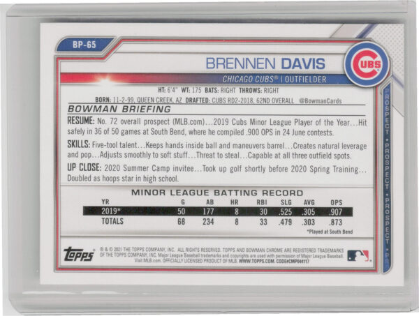 2021 Bowman Brennen Davis #BP-65 Cubs Prospects - Image 3