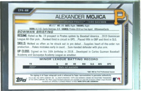 2021 Bowman Chrome Alexander Mojica Auto #CPA-AM Pirates Prospect Autographs - Image 3