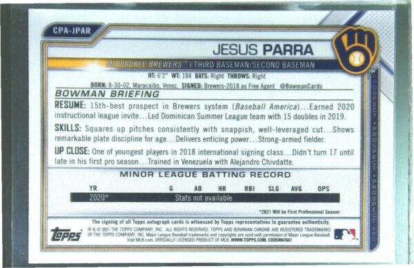 2021 Bowman Chrome Jesus Parra Auto #CPA-JPAR Brewers Prospect Autographs - Image 3