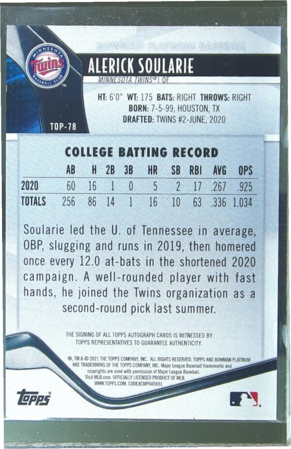 2021 Bowman Platinum Alerick Soularie Auto #TOP-78 Twins Top Prospects Autograph - Image 3