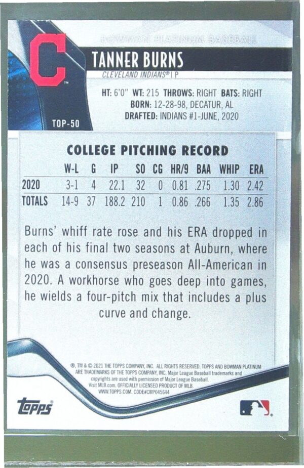 2021 Bowman Platinum Tanner Burns /199 #TOP-50 Indians Top Prospects Pink - Image 3