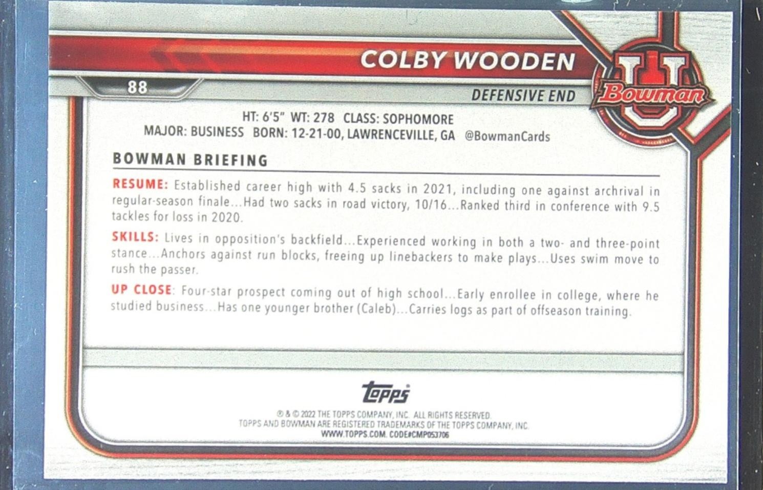 2021 Bowman University Colby Wooden #88 Tigers First Bowman - Image 3