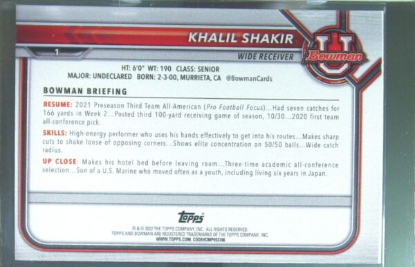 2021 Bowman University Khalil Shakir RC #1 Broncos - Image 3