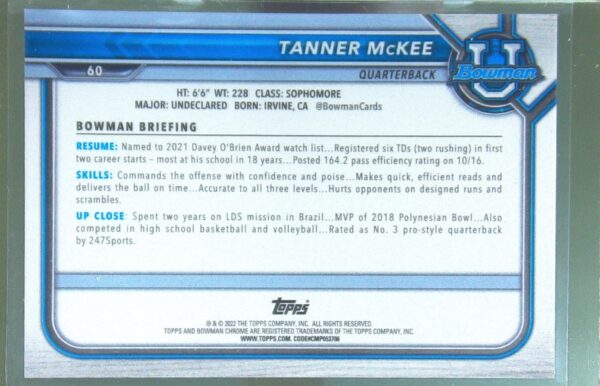 2021 Bowman University Tanner McKee Chrome Green /99 RC #60 Cardinal - Image 3