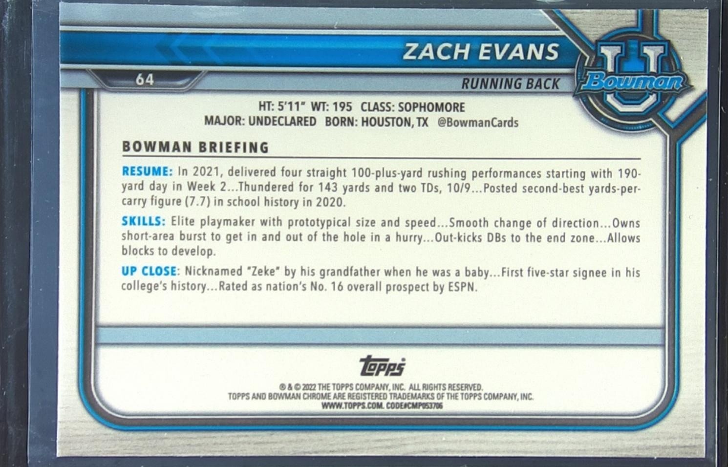 2021 Bowman University Zach Evans Chrome Pink #64 Frogs First - Image 3