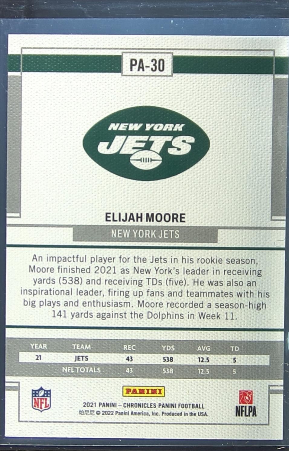 2021 Chronicles Elijah Moore #PA-30 Jets Panini - Image 3