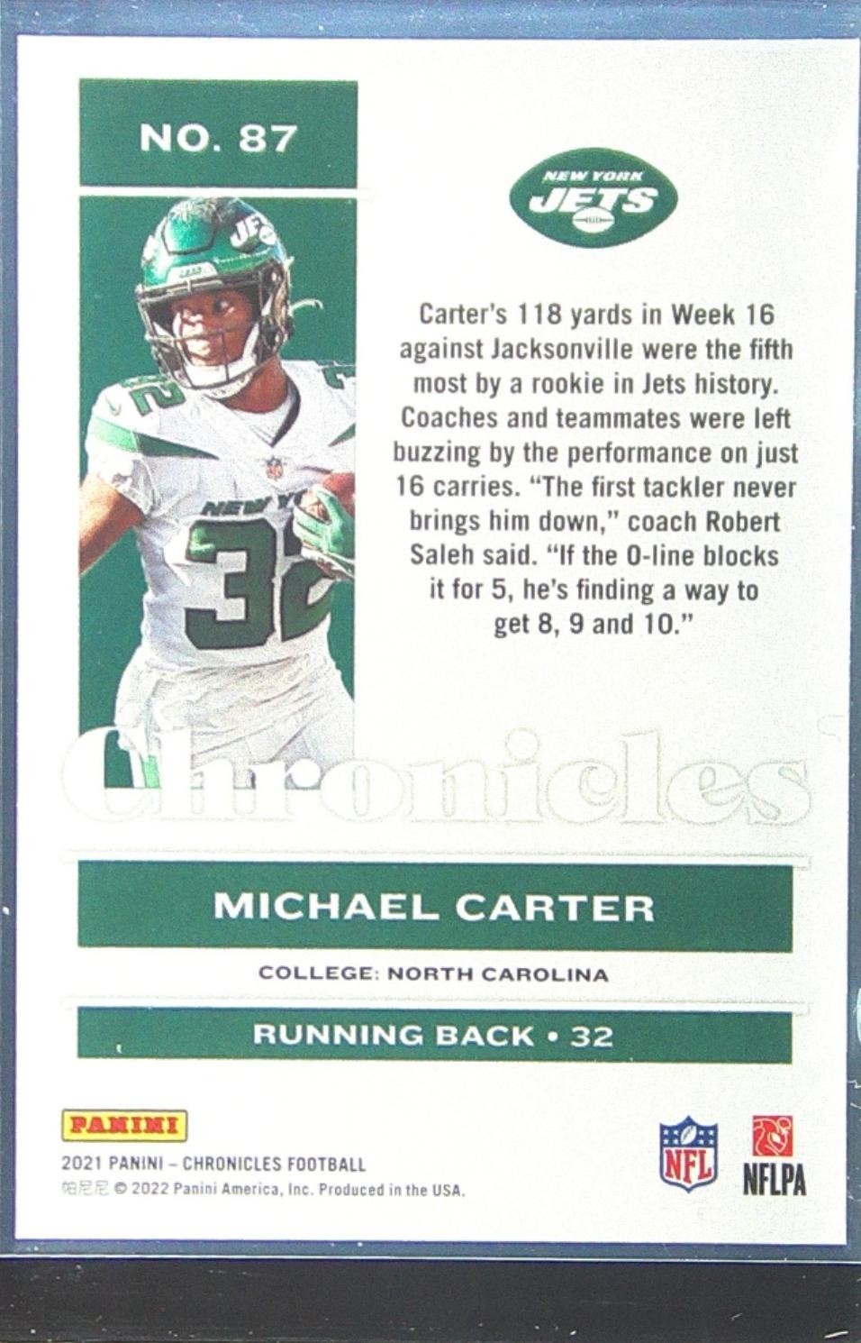 2021 Chronicles Michael Carter RC #87 Jets - Image 3